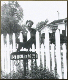 Gladys Taber at Stillmeadow - note the sign and the picket fence.