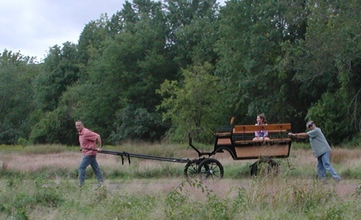 A cart ride after the horses are munching hay.