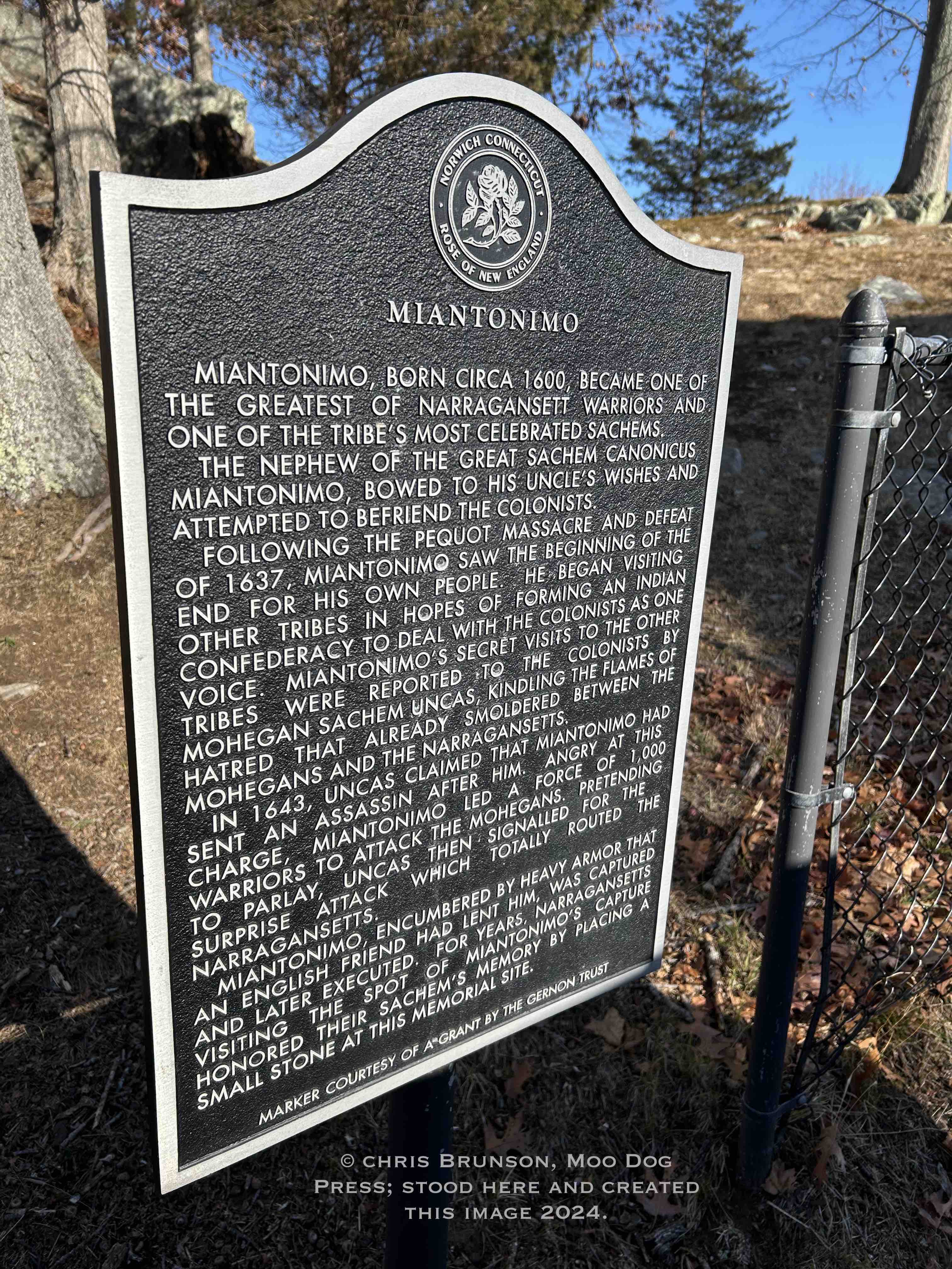 For years, Narrangansetts visiting the spot of Miantonimo’s capture honored their sachem’s memory by placing a small stone at this memorial site. (And later, not knowing nor understanding the culture that honored a sachem and memory, a person took all the memory stones, a cairn of them, and used the stones for his home and barn foundations.) Isn't that something. class=