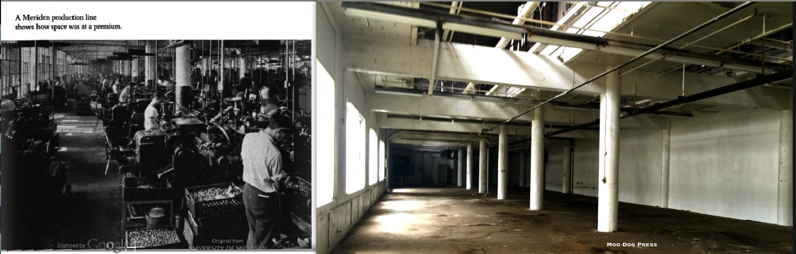 A New Departure production line in Meriden, Connecticut, part of the manufacturing of ball bearings. The image at right is from a ND company publication; the original is held by the University of Michigan and was digitized by Google. At right, what looks like that same factory floor - empty - in 2016.