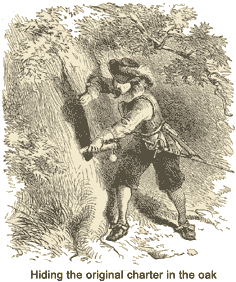 A depiction of hiding the charter in a hollow tree which later became famous.